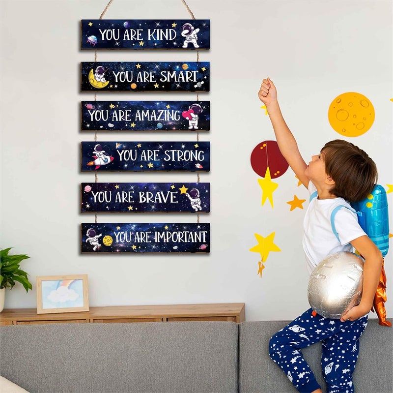 HIWERAN 6 Pcs Space Astronaut Inspirational Quotes Kids Room Decor, Outer Space Posters Motivational Hanging Plaque Sign for Boys Kids Playroom Classroom Teens Children Bedroom Princess Toddler - Image 3